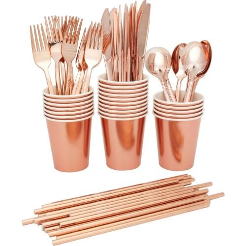 Spot Explosion Paper Plate Full Rose Gold 9 Inch 7 Inch Paper Cup Paper Towel Set Disposable Tableware Wholesale Paper Straws