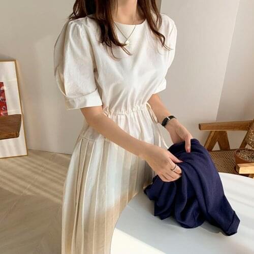 Japanese Korean Version Fashion Summer Womens Dress 2021 Loose Casual Solid Color Draw Back Round Neck Puff Sleeve