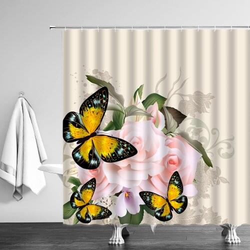 Flower Butterfly Print Shower Curtain Pink Rose Bathroom Cloth Curtains Set Waterproof Polyester Home Bathtub Decor With Hooks