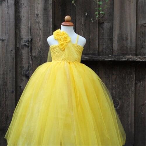Girls Yellow Flower Tutu Dress Kids Crochet Tulle Strap Dress Long Ball Gown Children Birthday Party Costume Princess Dresses