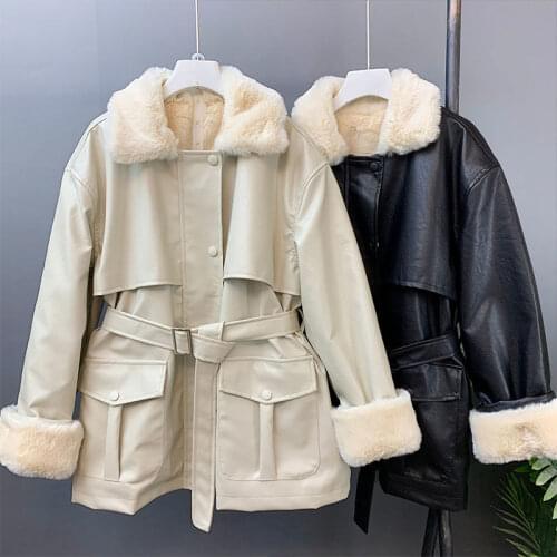 Women clothes winter 2021 new Korean Pu fur one-piece fur collar lace up Plush jacket fashion motorcycle clothes womens coat