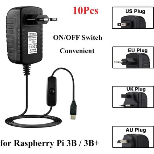 10pcs Raspberry Pi 3 Power Supply With ON/OFF Switch Button 5V 3A EU US UK AU Adapter Charger For Raspberry Pi 3 Model B 3B