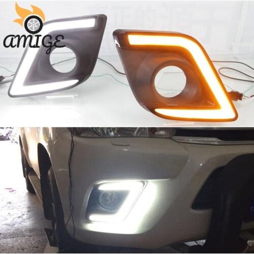 12V Car LED DRL Daylights For Toyota Hilux Revo Vigo 2015 2016 Yellow Turn Signal Daytime Running Light Auto Foglamp