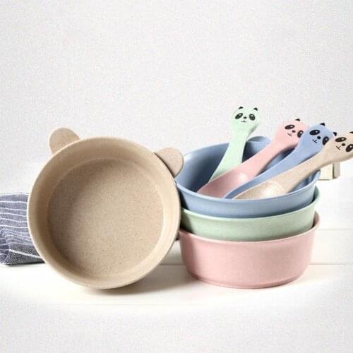 2Pcs/Set Cute Panda Wheats Straw Baby Feeding Food Bowl Spoon Training Tableware