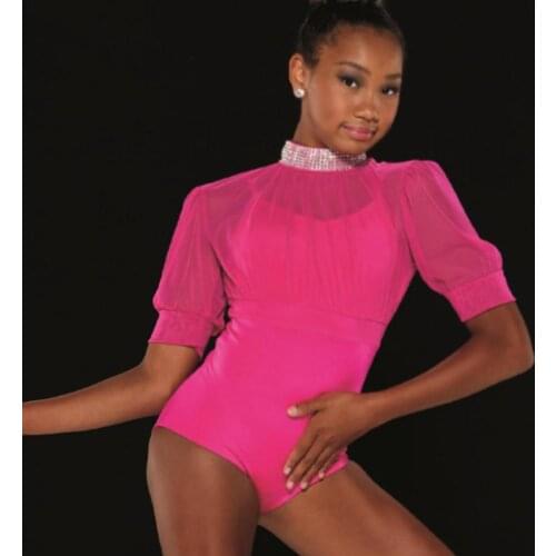 2 Piece Lycra Leotard with Stretch Mesh Shirred Bodice Crop Overlay Puff Sleeves Lycra Cuffs Mock Neck Dance Outfit