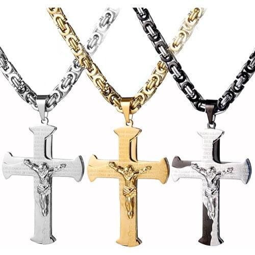 6mm Stainless Steel Silver Color Gold Black Mens High Quality Byzantine chain Jesus Cross Crucifix Pendant Necklace 18"-40"