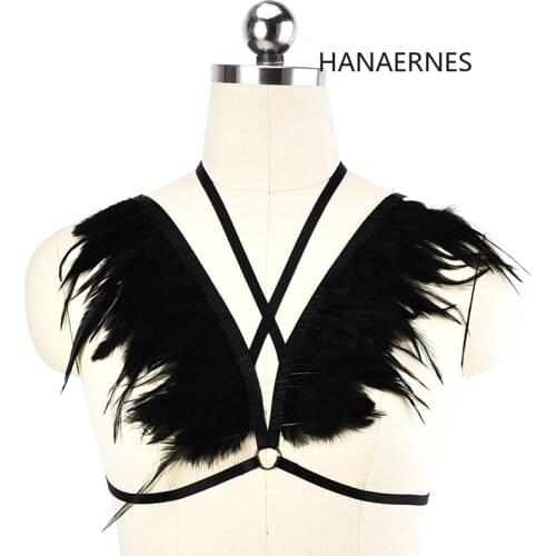 HANAERNESS Womens Bandage Gothic Cage Bra Top Body Harness feather Cross Crop Belt Underwear
