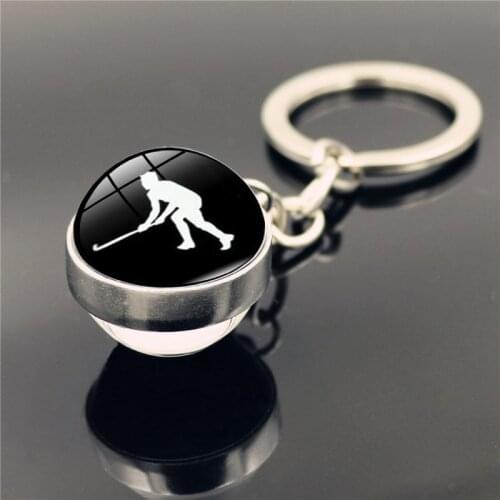 Trendy Ice Hockey Keychain Pendant Hockey Players Profile Silhouette Double Side Glass Ball Key Chain Key Ring Holder for Men