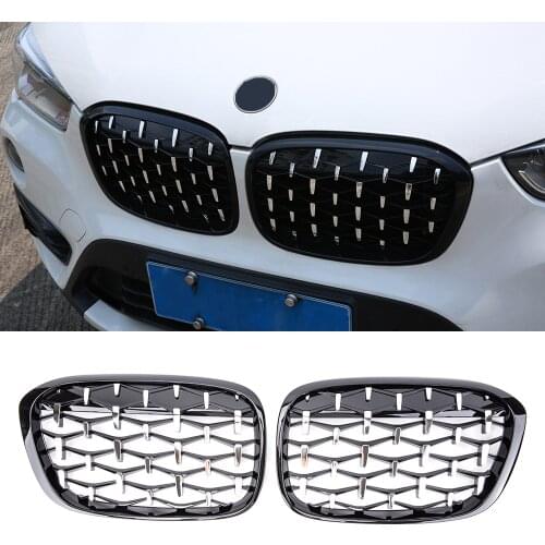 A Pair Car Styling Diamond Grille Racing Grills Decoration For BMW X1 F48 F49 2014-2019 Front Kidney Grill Auto Accessories