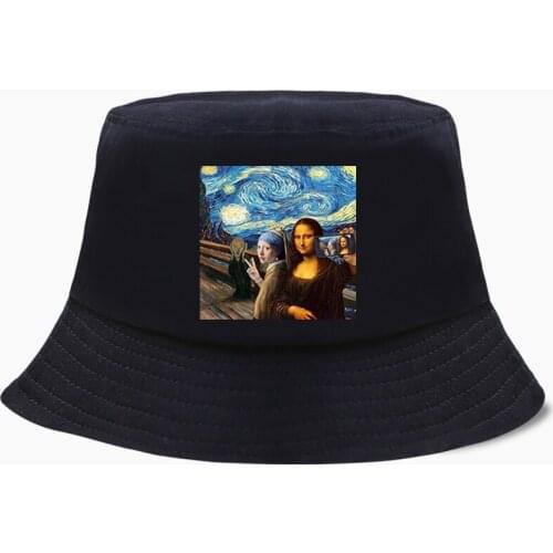 Bucket Hat Cap Mona Lisa Het meisje met de parel The Starry Night Funny Da Vinci Van Gogh Panama Fisherman Hats Outdoor Sun Caps