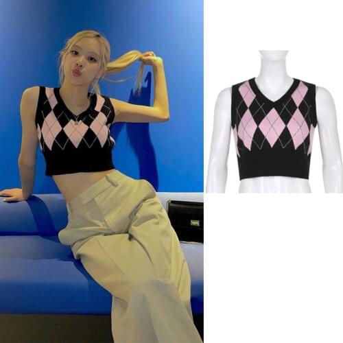 Kpop Star Rose Sweater Vest Diamond Korean Fashion Pullover Sleeveless Bodycon Crop Tops Color Contrast Y2K Plaid Knitted 2021