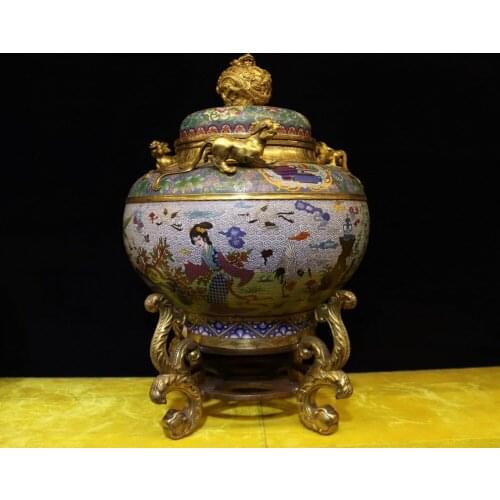 23 " Chinese Pure Bronze cloisonne 24K Gold Dragon Girl incense burner censer