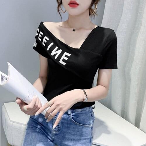 Summer The New Off Shoulders T Shirt Women Short sleeve printing Slim Tshirt Tops woman t shirts Large size