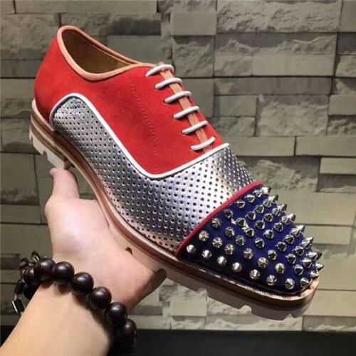 Men Red Lace-up Patchwork Casual Shoes Spikes Studded Lowtop Mixed Color Loafers Anti-skid Shoes Men Party Shoes Size 38-47