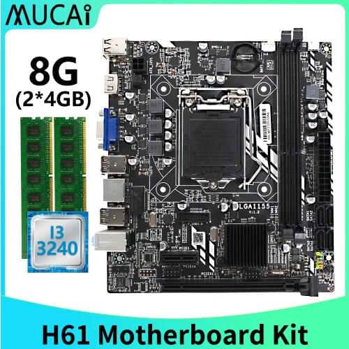 MUCAI H61 Motherboard LGA 1155 Kit Set With Intel Core i3 3240 CPU Processor And DDR3 8GB(2*4GB) 1600MHZ RAM Memory PC