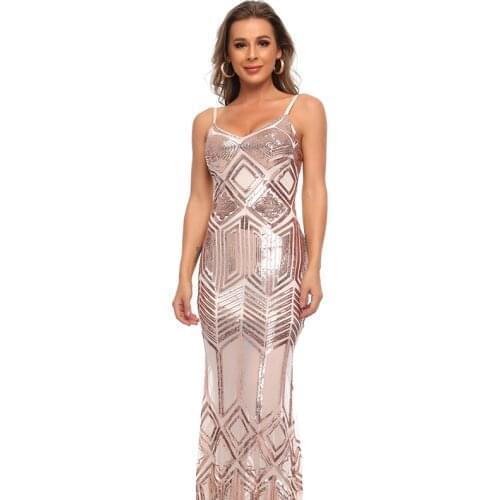 Fashion V Neck Elegant Geometric Backless spaghetti strap maxi Dress Sequin Bodycon club wedding party birthday dress for women