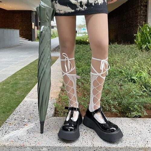 Fashion Lace Women Socks Hollow Bandage Stockings Female Lolita Bow High Knee Socks Leg Elastic Dress Calcetine medias
