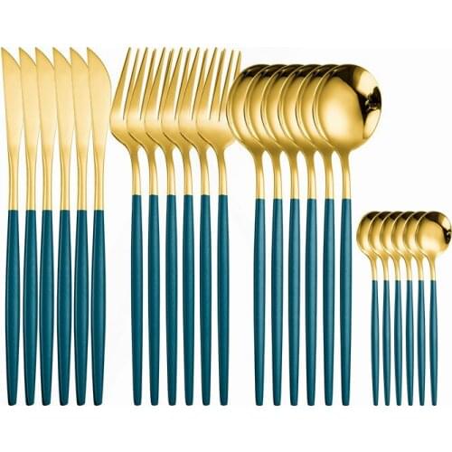 Kitchen Cutlery Set Stainless Steel Mirror Tableware Cutlery Green Gold Complete Dinner Set Fork Spoon Knive 24pcs Dinnerware