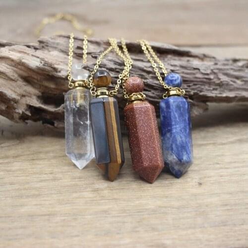 Natural Crystal Tiger eye Hexagonal Point Perfume Bottle Pendant Necklace Sodalite Gems Essential Oil Vial Charm Jewelry QC1097