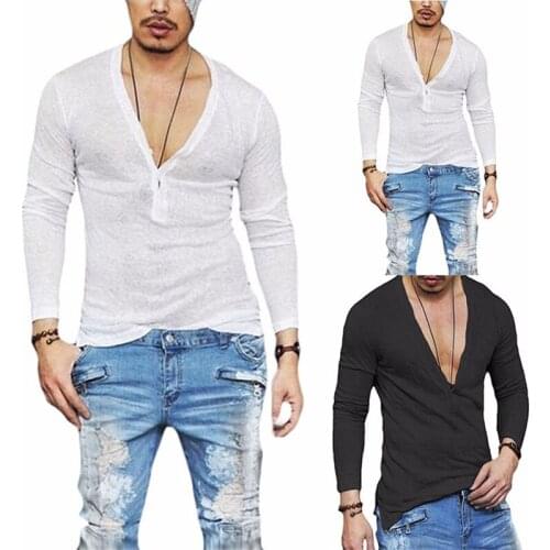 Cheap Male Breathable Deep V Stylish T Shirt Solid Color Slim Fit Skinny Tshirt Men Fashion Summer Hipster Streetwear Tops Tee