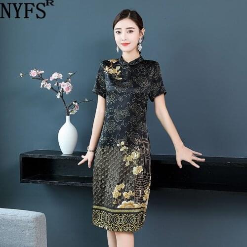 NYFS 2020 New Summer dress Vintage Women dress Loose silk Cheongsam Printing Dresses Vestidos Robe Elbise L-4XL