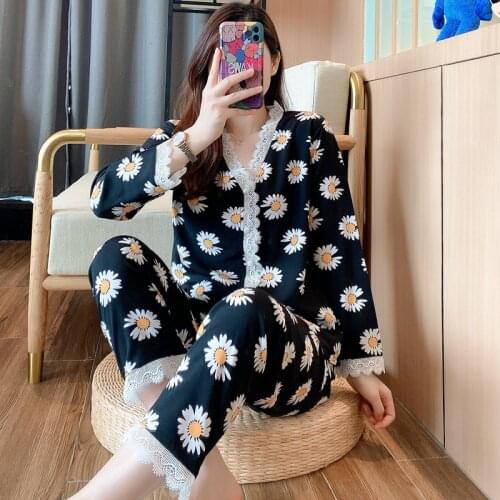 2021 Autumn Long Sleeve Silk Satin Pajama Sets for Women Korean Sexy V-neck Lace Sleepwear Pyjamas Homewear Pijama Mujer Clothes