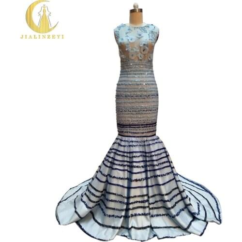 JIALINZEYI Real Sample Blue Beads Organza With Beads Mermaid See Through Top Formal dresses Party Evening Dresses 2020