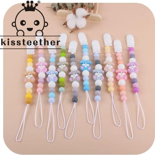 Kissteether Safe Silicone Personalised Name Baby Pacifier Clips Silicone Rabbit Animal Pacifier Chain Holder Baby Gift BPA Free