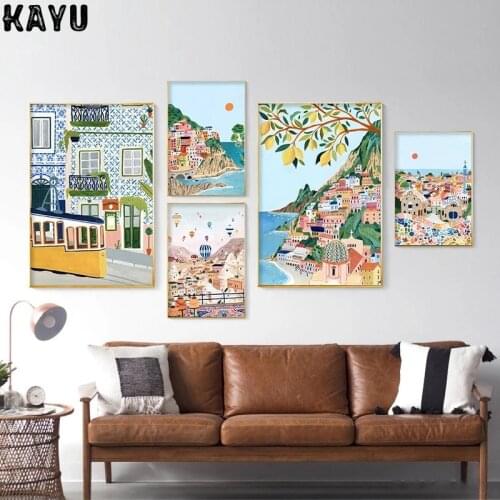 Nordic Europe City Travel Poster Print Barcelona Positano Landscape Canvas Painting Wall Art Pictures for Living Room Home Decor