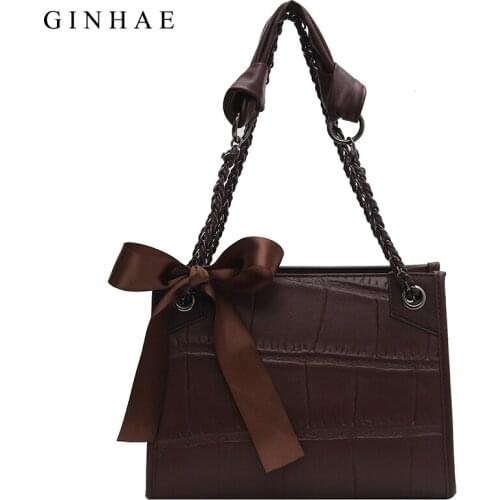 Fashion Alligator Bags For Women 2020 Luxury Brand Leather Handbags Bow Crossbody Shoulder Bag Chains Small Square Bag Bolsa