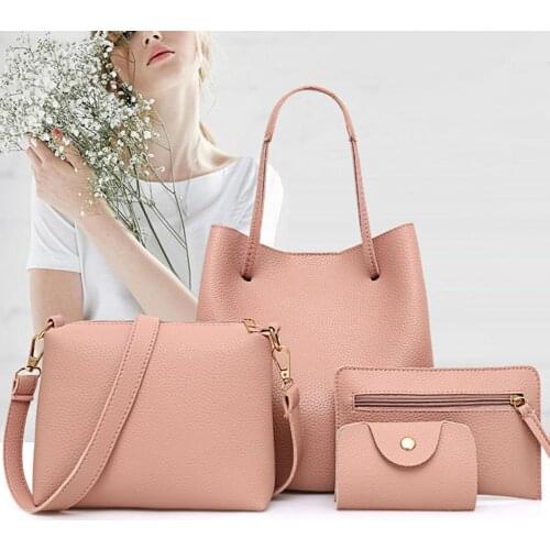 4Pcs/Set Zipper Closure Tote Bag Set Solid Color Faux Leather Large Capacity Shoulder Bag Bucket Handbag Set Fashion Accessories