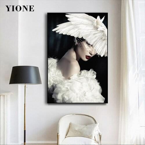 Vogue Modern Woman with White Pigeon Feather Canvas Paintings Abstract Figure Posters and Prints Wall Art Picture For Bedroom