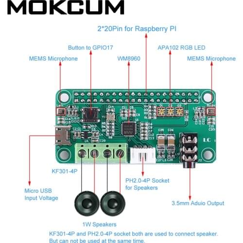 WM8960 Intelligent Voice Recognizer Audio Decoder Module Stereo 1W Amplifier Dual MIC Input for Raspberry Pi