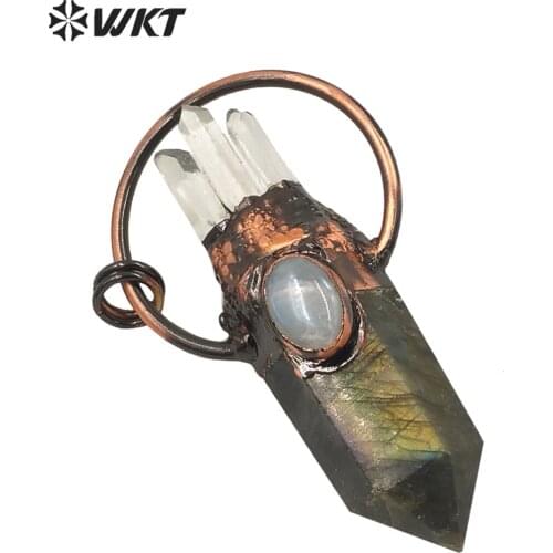 WT-P1621 New design women vintage boho big natural Labradorite stone point pendant with copper electroplated boho stone pendant