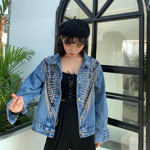 2021 Women Autumn Hand-studded Denim Jacket Coat Rivet Loose Black Tassel Chain Short Jeans Jacket Coats Streetwear Mujer