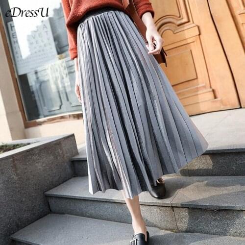 A-line Pleated Skirt Women Velvet Midi Long Skirt Pleat Skirt Autumn Winter Skirt Elegant Office Wear Casual Daily Bottom RS-01