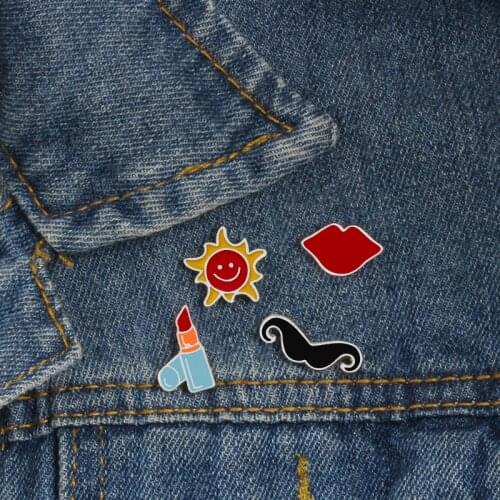 1pc cartoon Brooches Lapel Pin Badge Cute Lipstick Lips Pins Sun Beard icon Button Jackets Denim Jewelry Friends women Gift