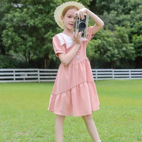 2021 Summer Light Dress For Girls Fashion Peter Pan Collar Short Sleeve Gowns Kids Outdoor Casual Dresses Children Clothing