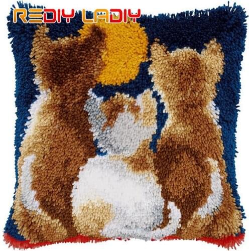 3D Latch Hook Cushion Kits Three Cat with Moon DIY Needlework Crocheting Kit Rug Yarn Handmade Unfinished Embroidery Pillowcase
