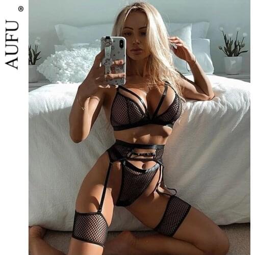 AUFU Lingerie Womens Underwear Set Mesh Lace Transparent Bra Sexy Lingerie Set 3 Piece Set Sexy Erotic Lingerie Set