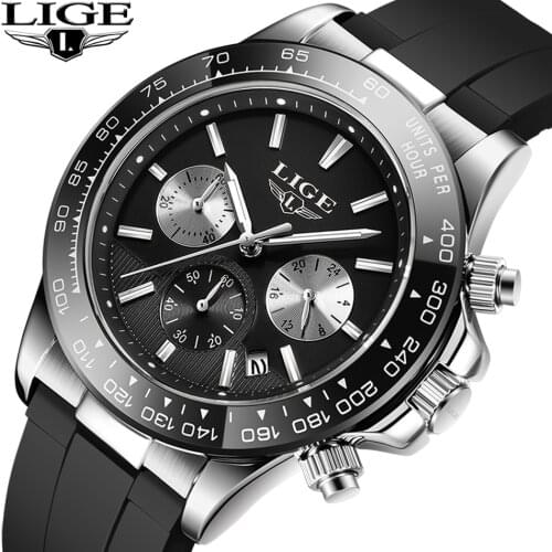 LIGE Luxury Brand Men Casual Quartz Watch Silicone Strap Military Chronograph Men 30M Waterproof Wristwatch Relogio Masculino