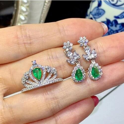 Elegant lovely crown Natural green Emerald gem jewelry sets natural gemstone ring earrings S925 silver Women party gift jewelry