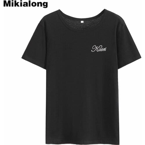 Mikialong Kisses Pocket Print Women Tshirt Summer 2018 Basic Cotton Tee Shirt Femme Black Kawaii T-shirt Women Tops Dropshipping