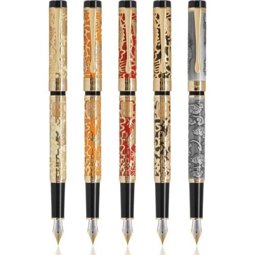Jinhao 5000 Vintage Metal Fountain Pen Dragon Texture Carving, Black & Golden Ink Pen For Office School Home Shop Business