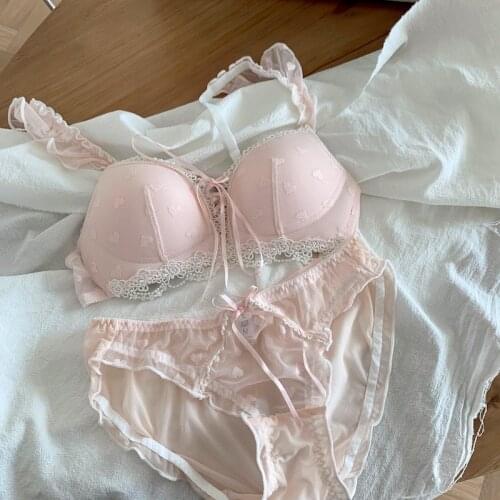 Sweet Cute Bra and Underwear Set Women Lace Seamless Lingerie Femme Seethrough Pink Blue Push Up Bra & Brief Sets for Young Girl