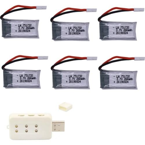3.7V 260mAh Lipo Battery and (6in1) Charger for H8 H48 RC Quadcopter drone part H8 Mini 3.7 V Battery 25C H8MINI