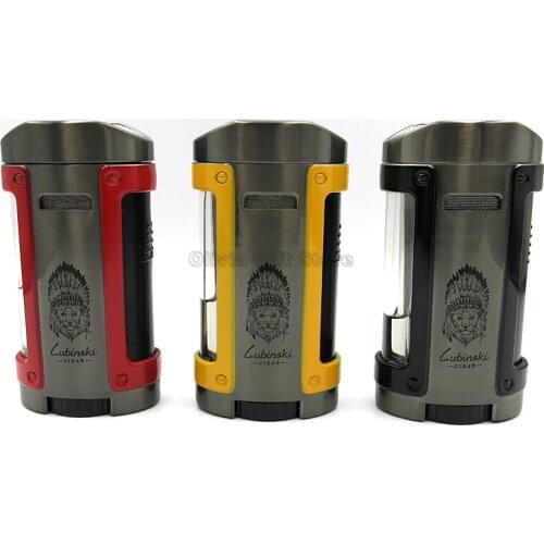 LUBINSKI Metal 4 Torch Blue Flame Cigar Lighter Tobacco Lighter Puro Holder Top Smoking Lighter Windproof W/Case Gift Box