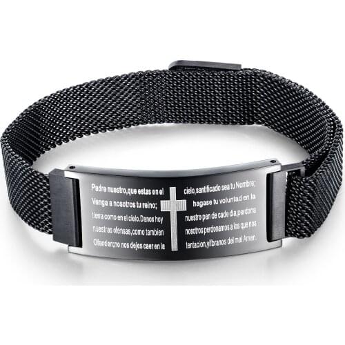 Fashion Bible Mens Mesh Bracelet Cross Scripture Magnetic Clasp Wristband Stainless Steel Bangle for Him Father Jewelry