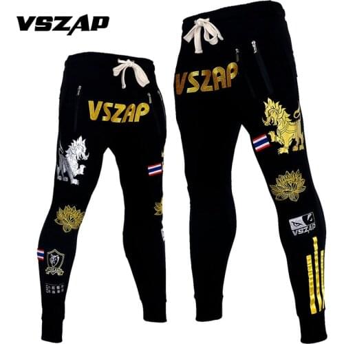 VSZAP Embroidery Mens Fighting Pants MUAY THAI Fitness Pants MMA Sports Fight Jogging Training Pants