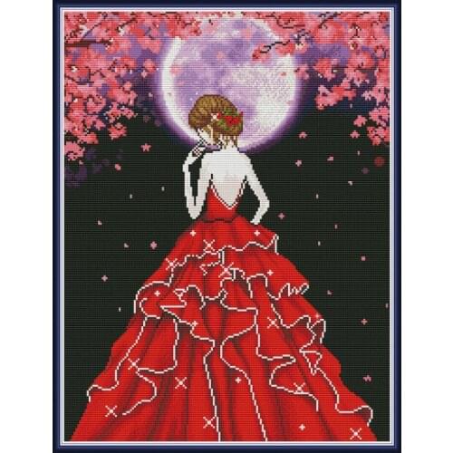 Pretty Lady in Moonlight Cross Stitch Kits DIY Character Pattern 14CT 11CT Count Canvas Embroidery Set Home Decoration Painting